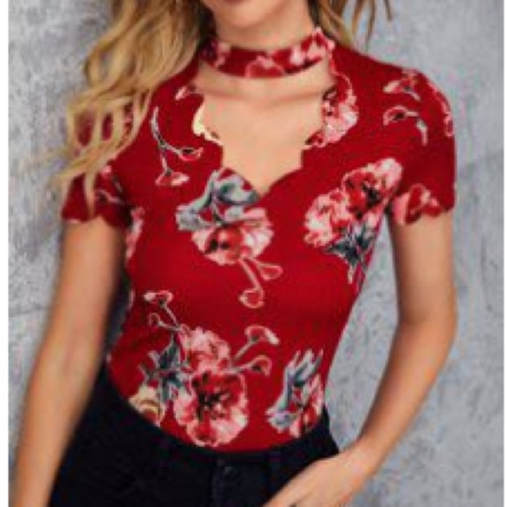 Red floral cutout top